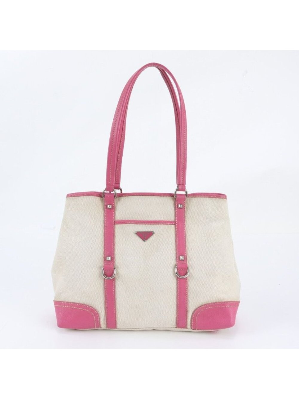 Prada Triangle Logo Leather Canvas Tote Bag Shoulder Pink